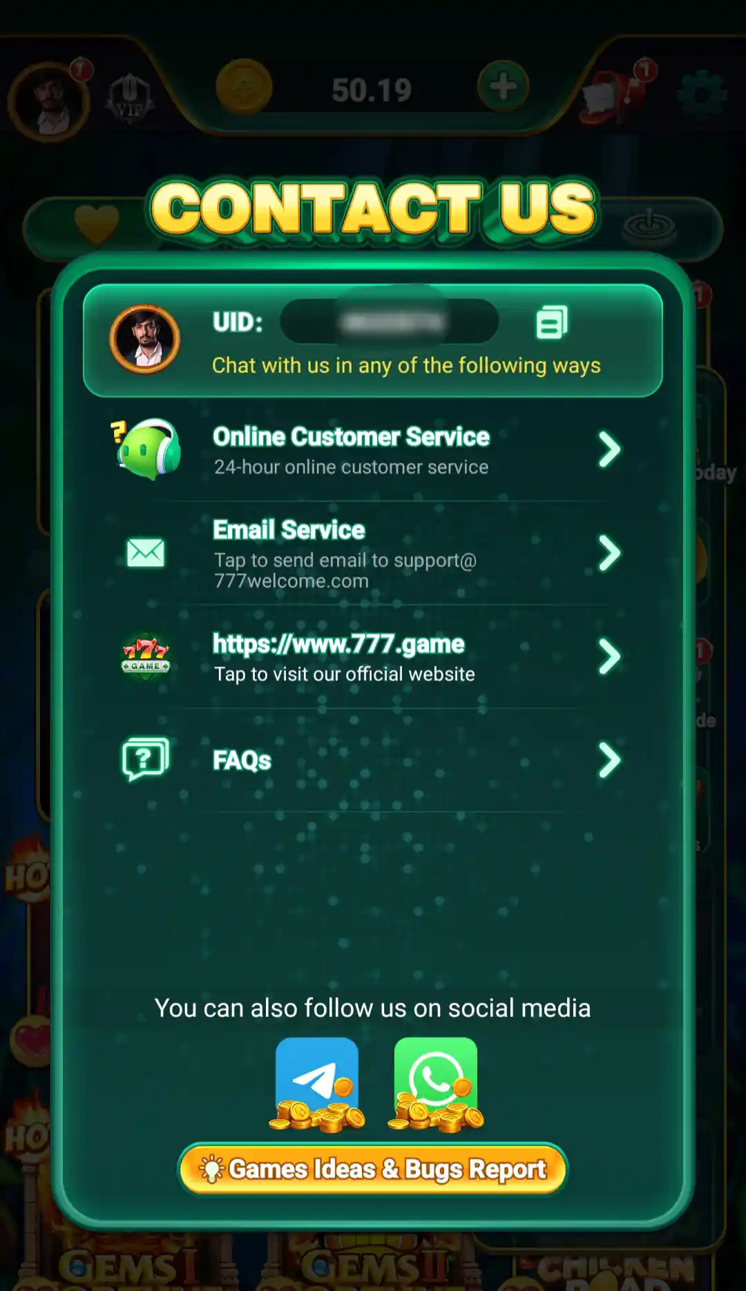 777 Game Contact Us support screen