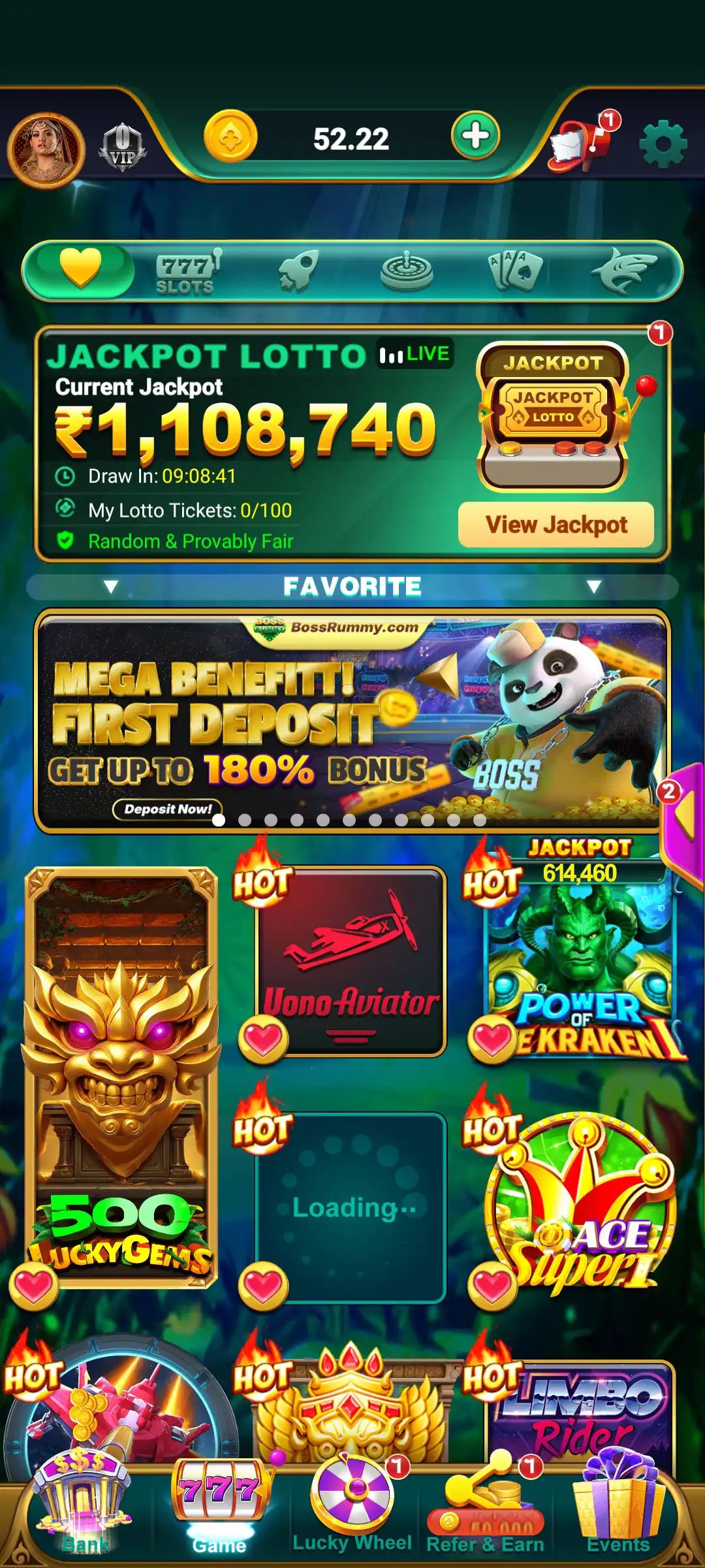 Boss Rummy balance and account screen