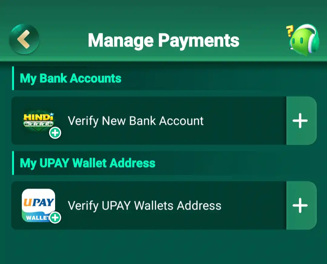 Hindi 777 Manage Payments page with bank account and UPAY wallet verification