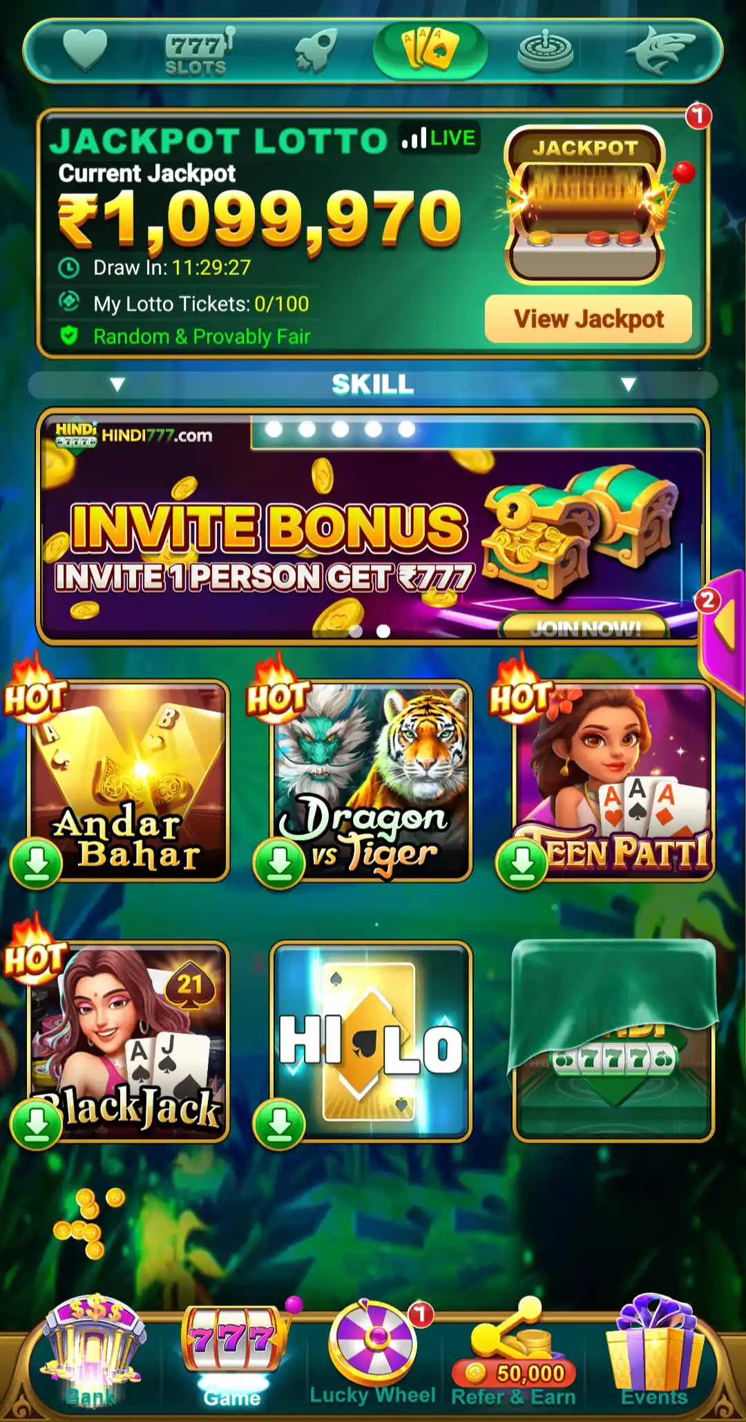 Hindi 777 Skill games including Andar Bahar, Dragon vs Tiger, Teen Patti, Blackjack and Hi-Lo