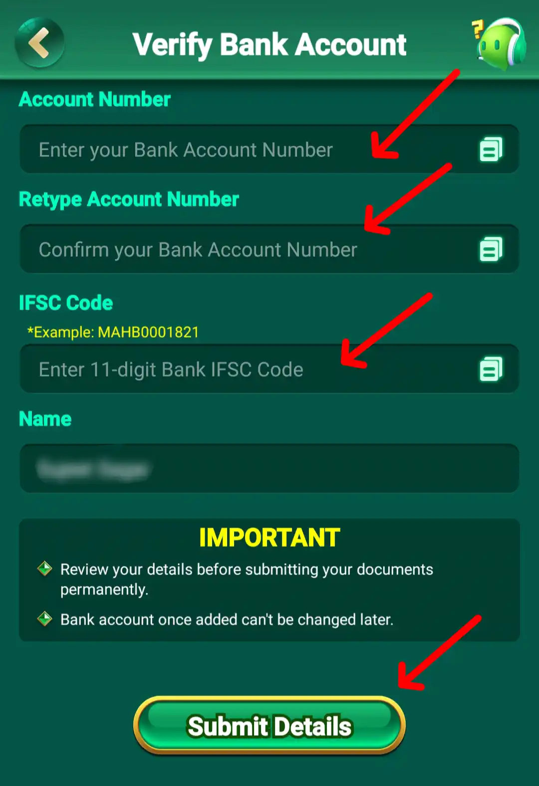 Joy Rummy Add Bank Account