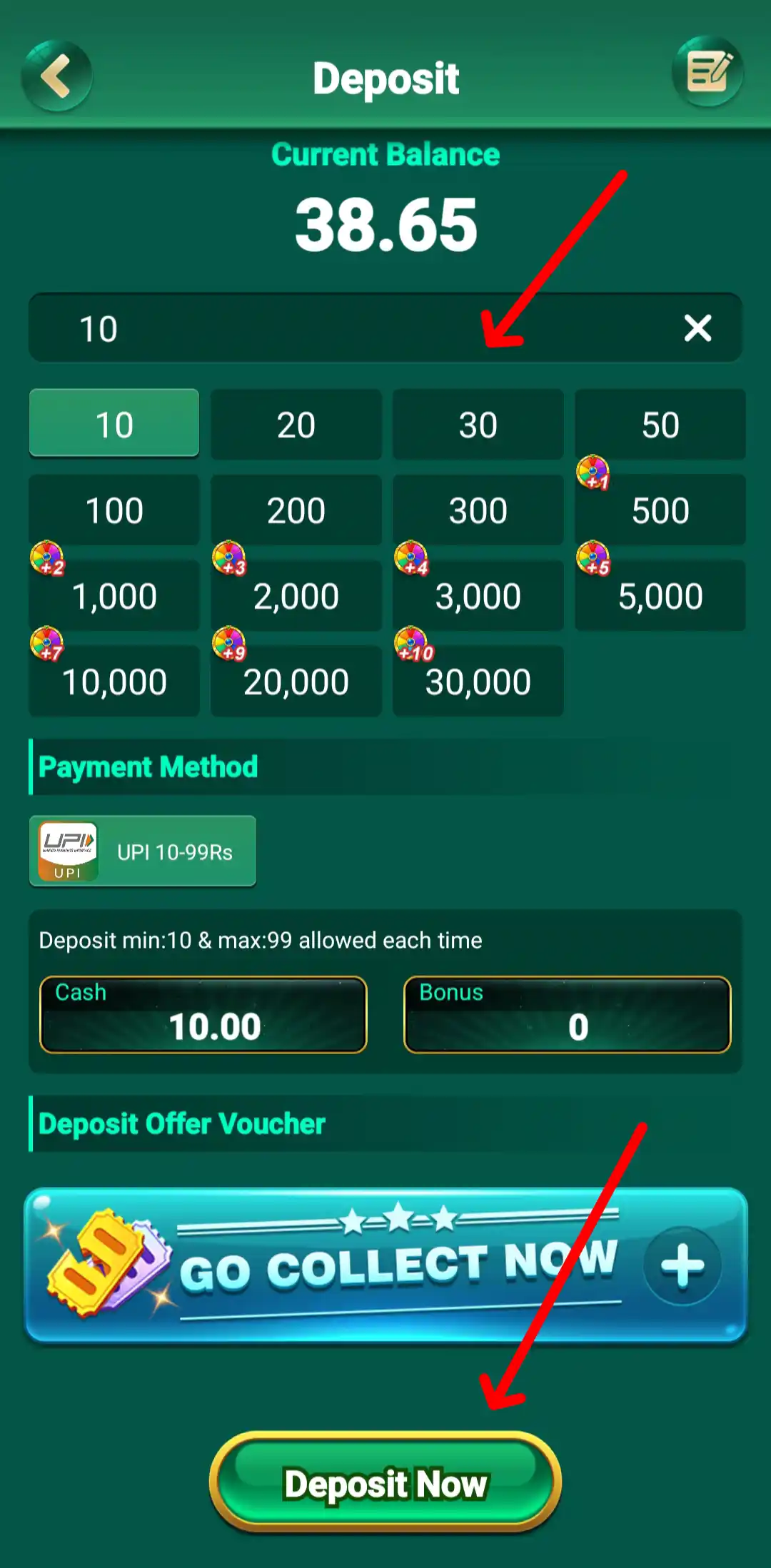 Joy Rummy Deposit screen