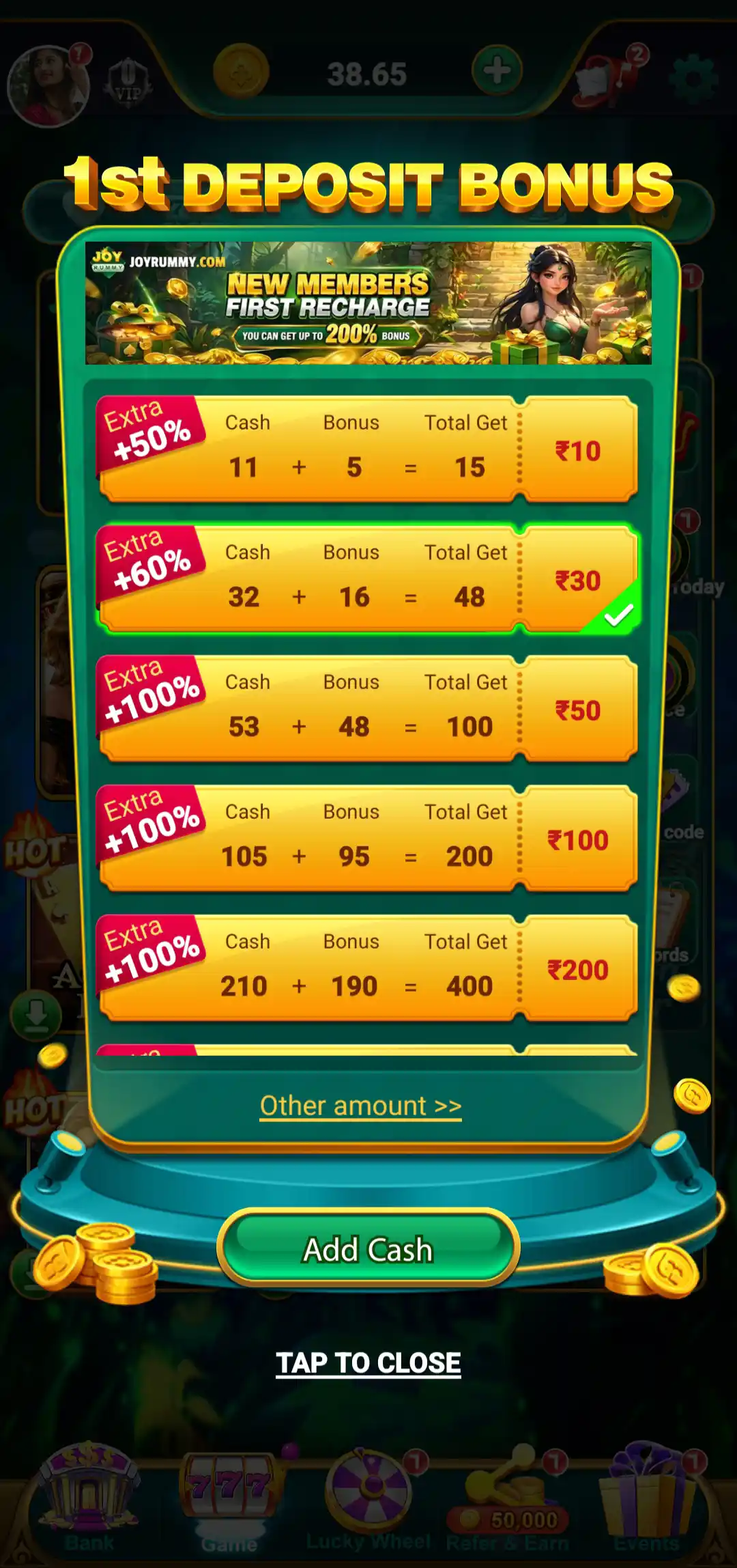 Joy Rummy First Deposit Bonus