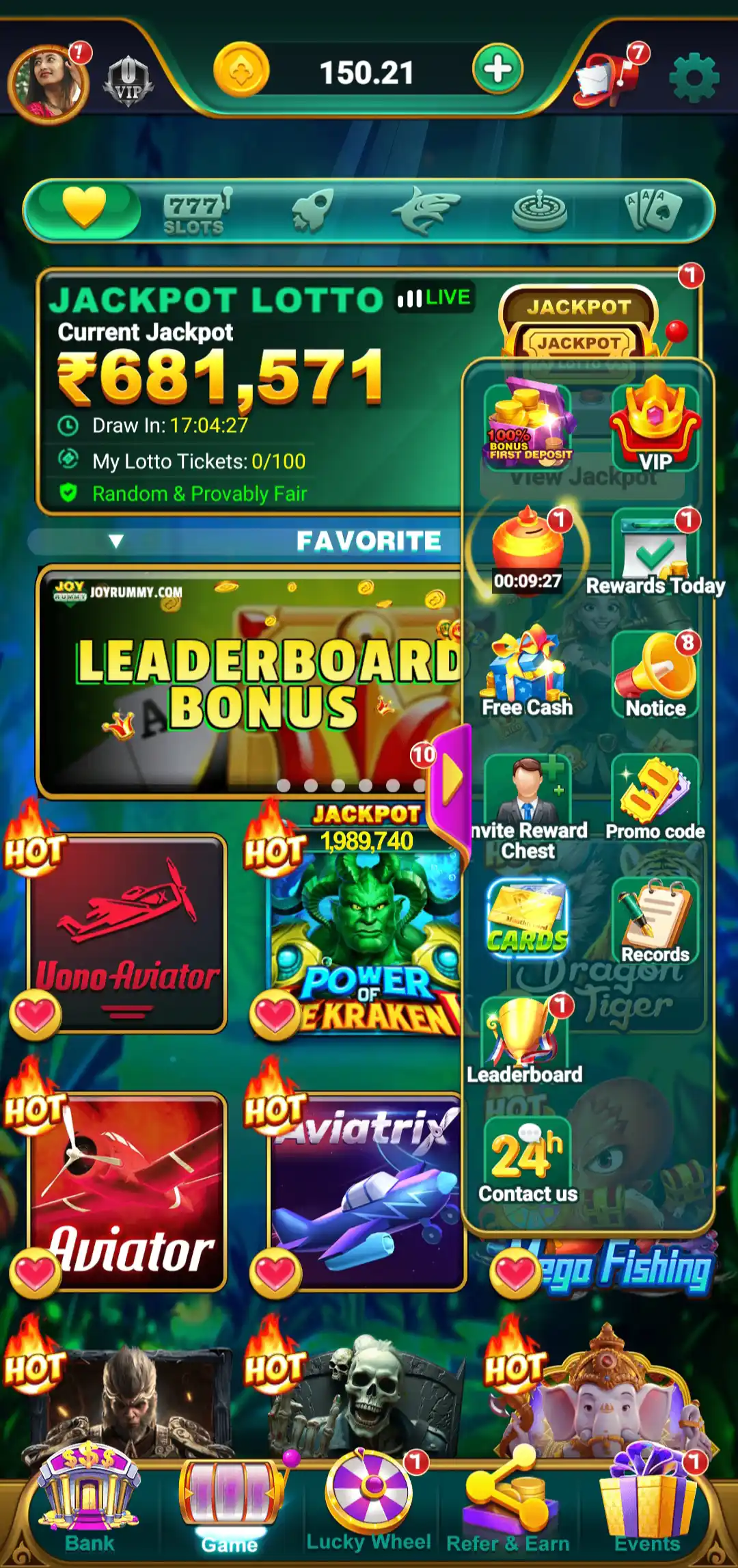 Joy Rummy menu and navigation