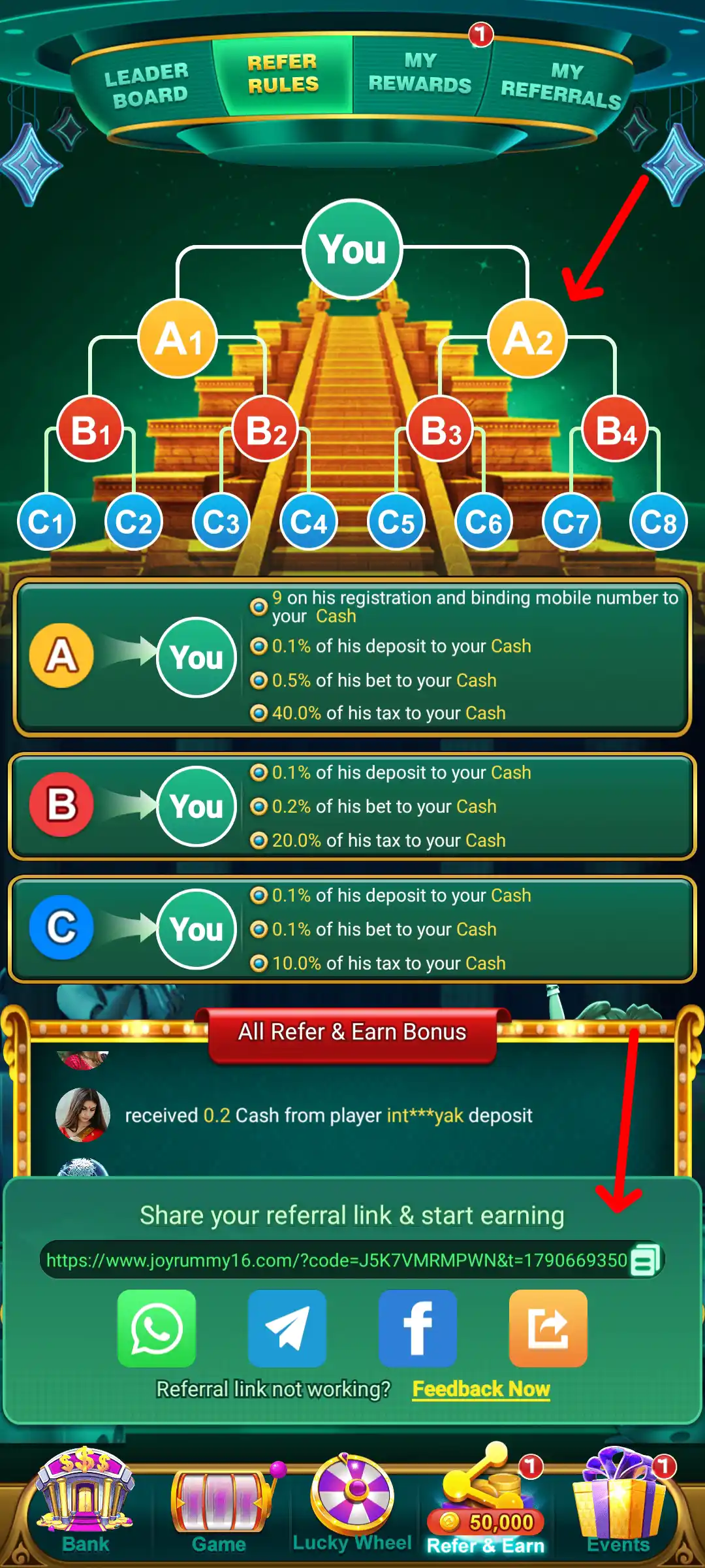 Joy Rummy Refer and Earn screen