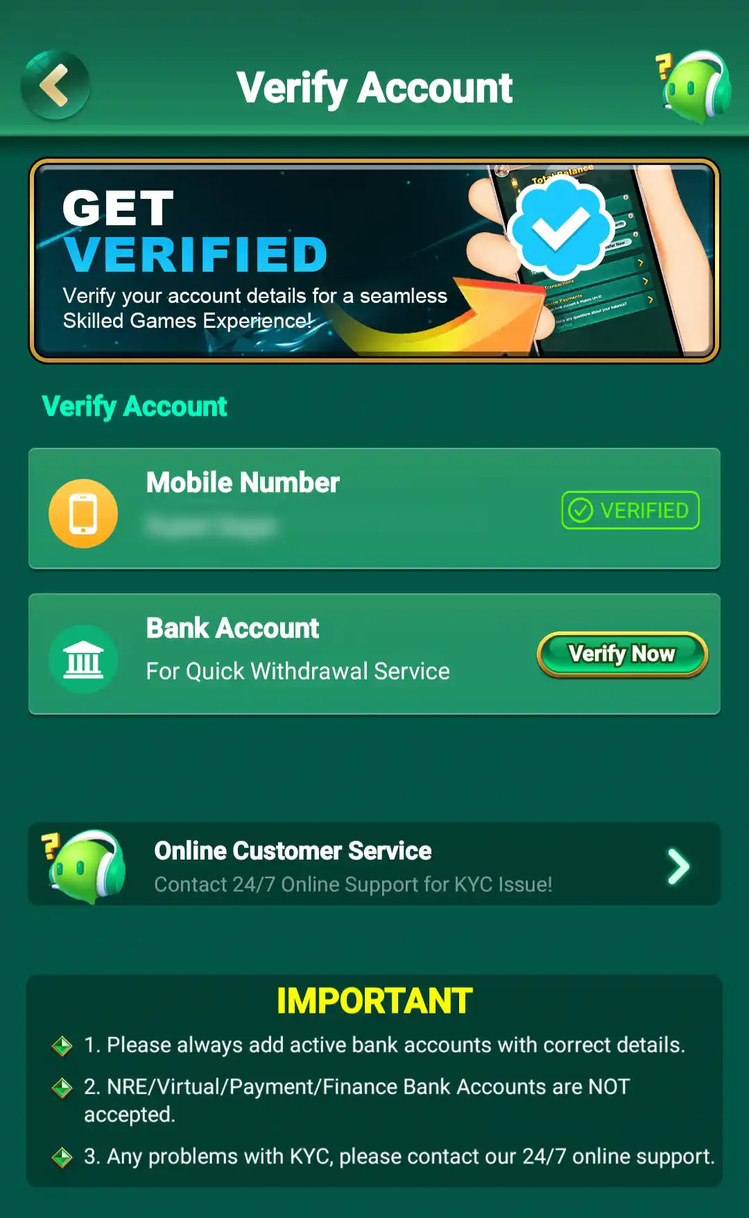 Joy Rummy Bank Account Verification