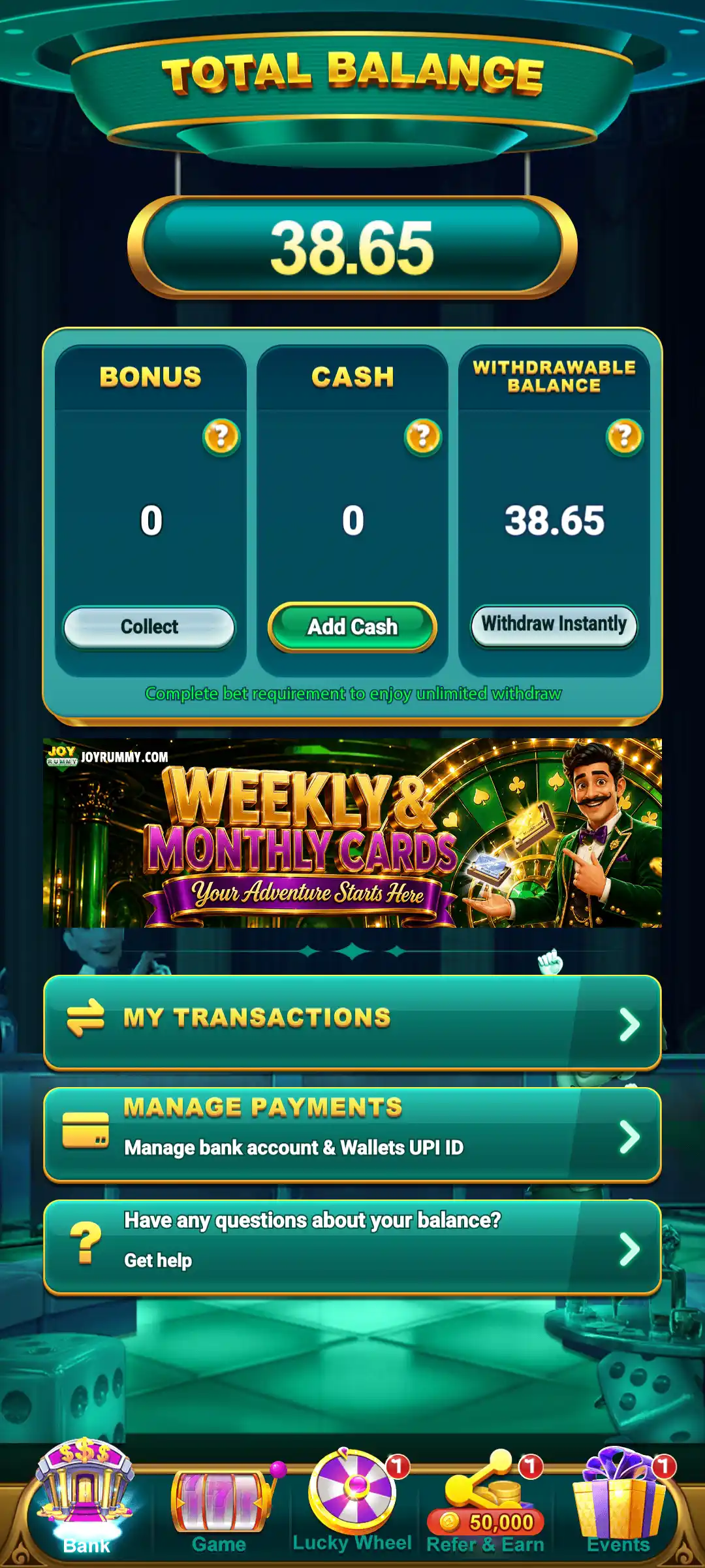 Joy Rummy wallet and withdrawal screen