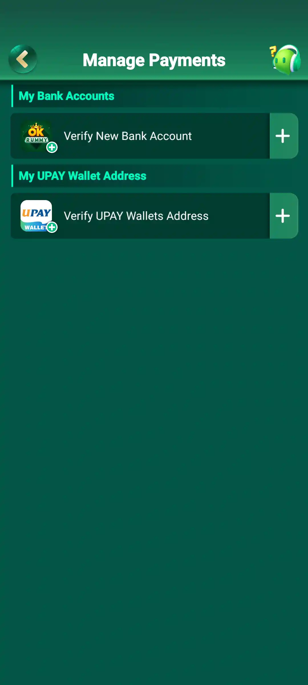 OK Rummy Manage Payments screen