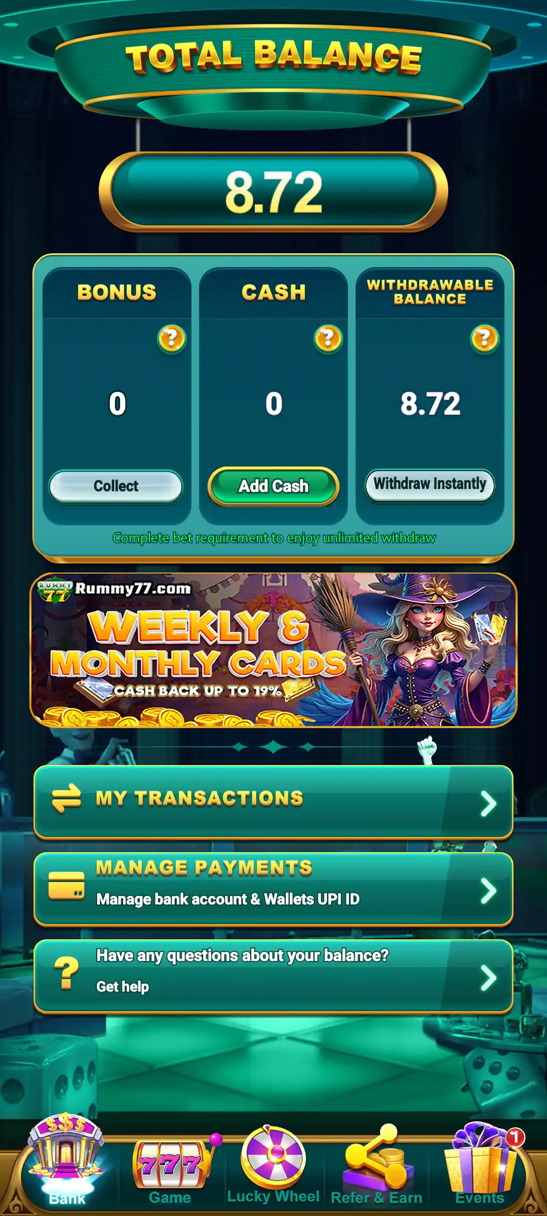 Rummy 77 balance and withdrawal section