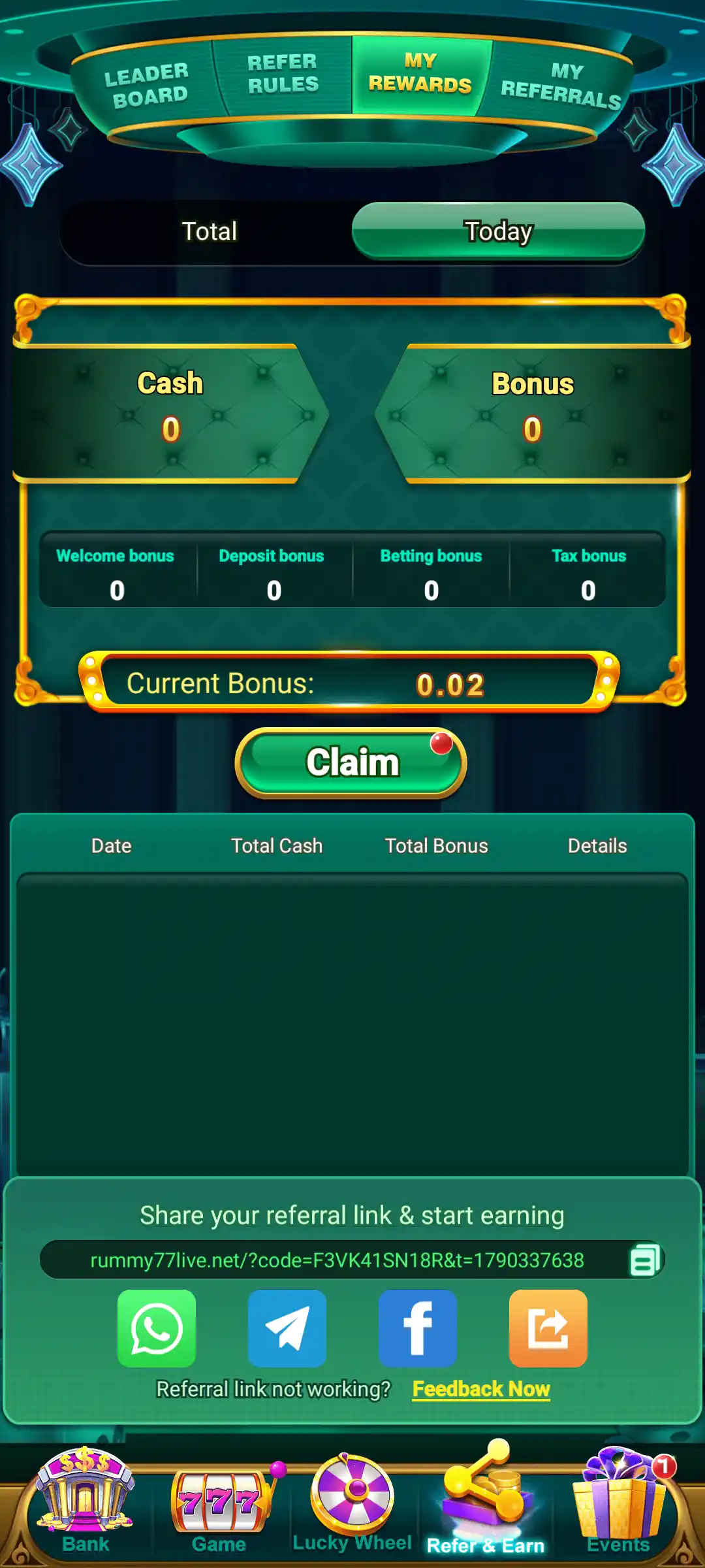 Rummy 77 Refer and Earn rewards