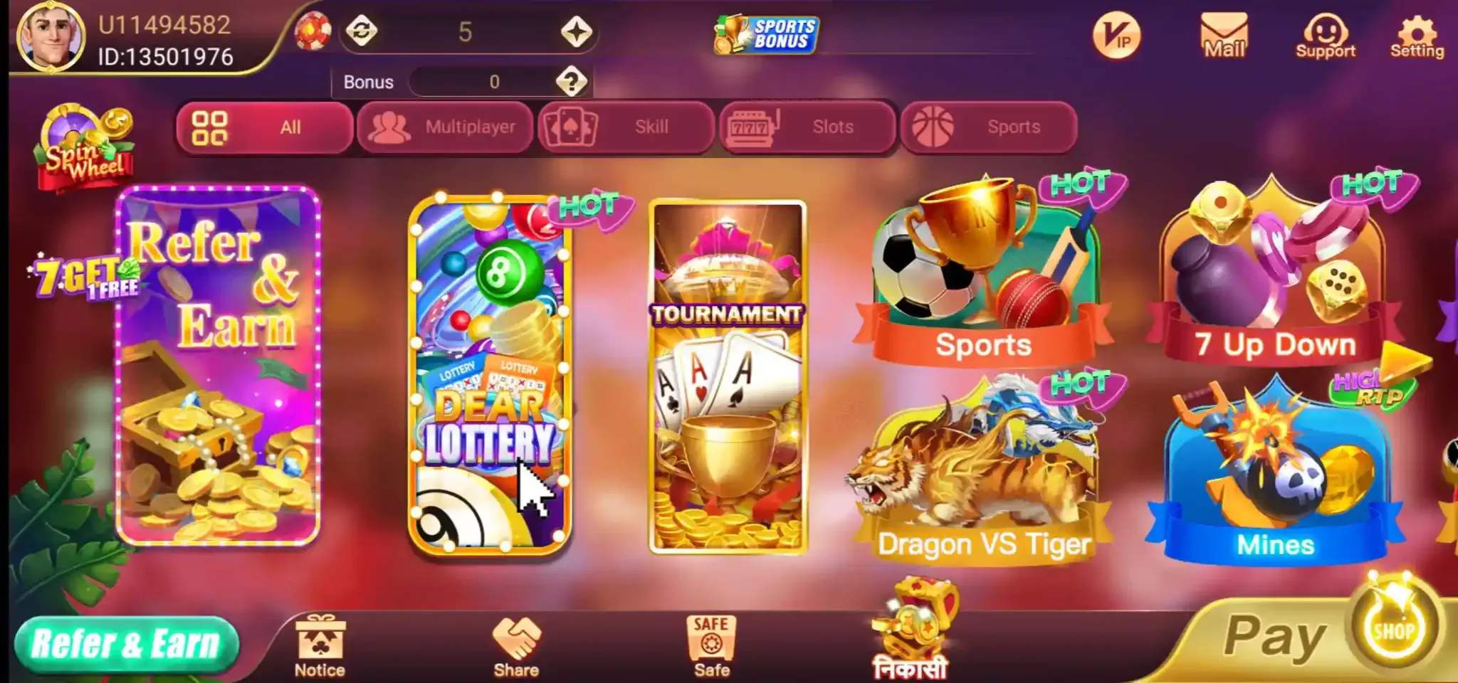 Rummy Best main lobby with Multiplayer Skill Slots and Sports tabs