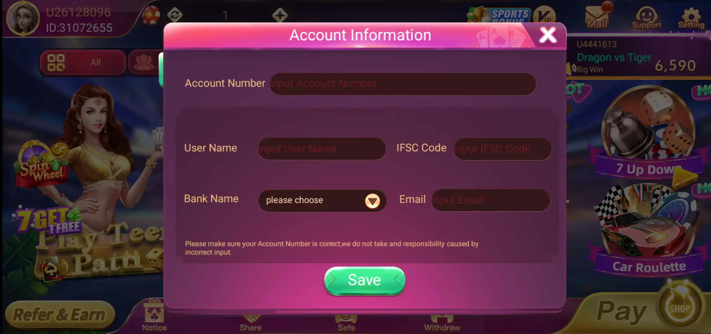 Rummy Glee Account Information form with account number, user name, IFSC code, bank name and email fields