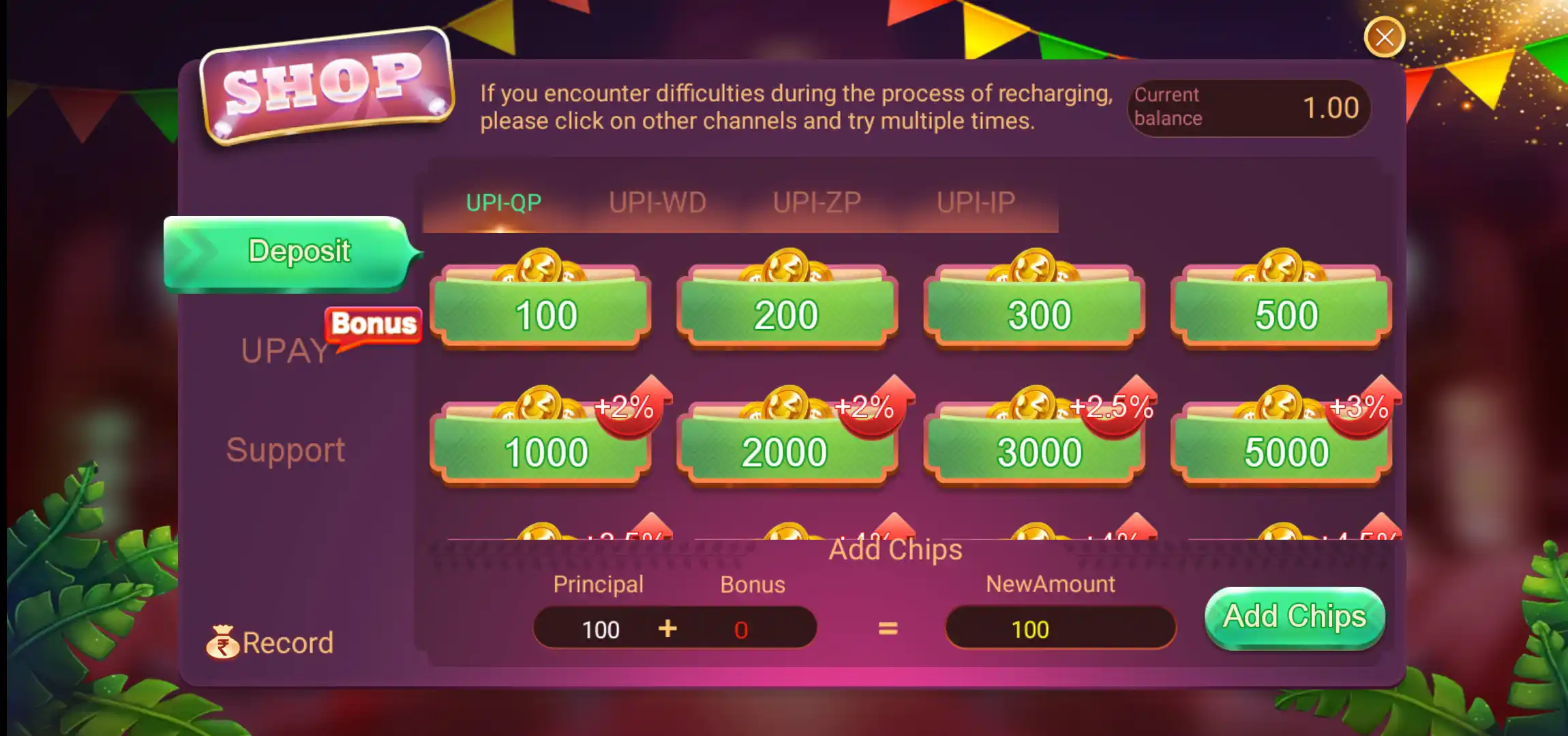 Rummy Glee Shop Deposit page showing UPI payment tabs, preset amounts and Add Chips