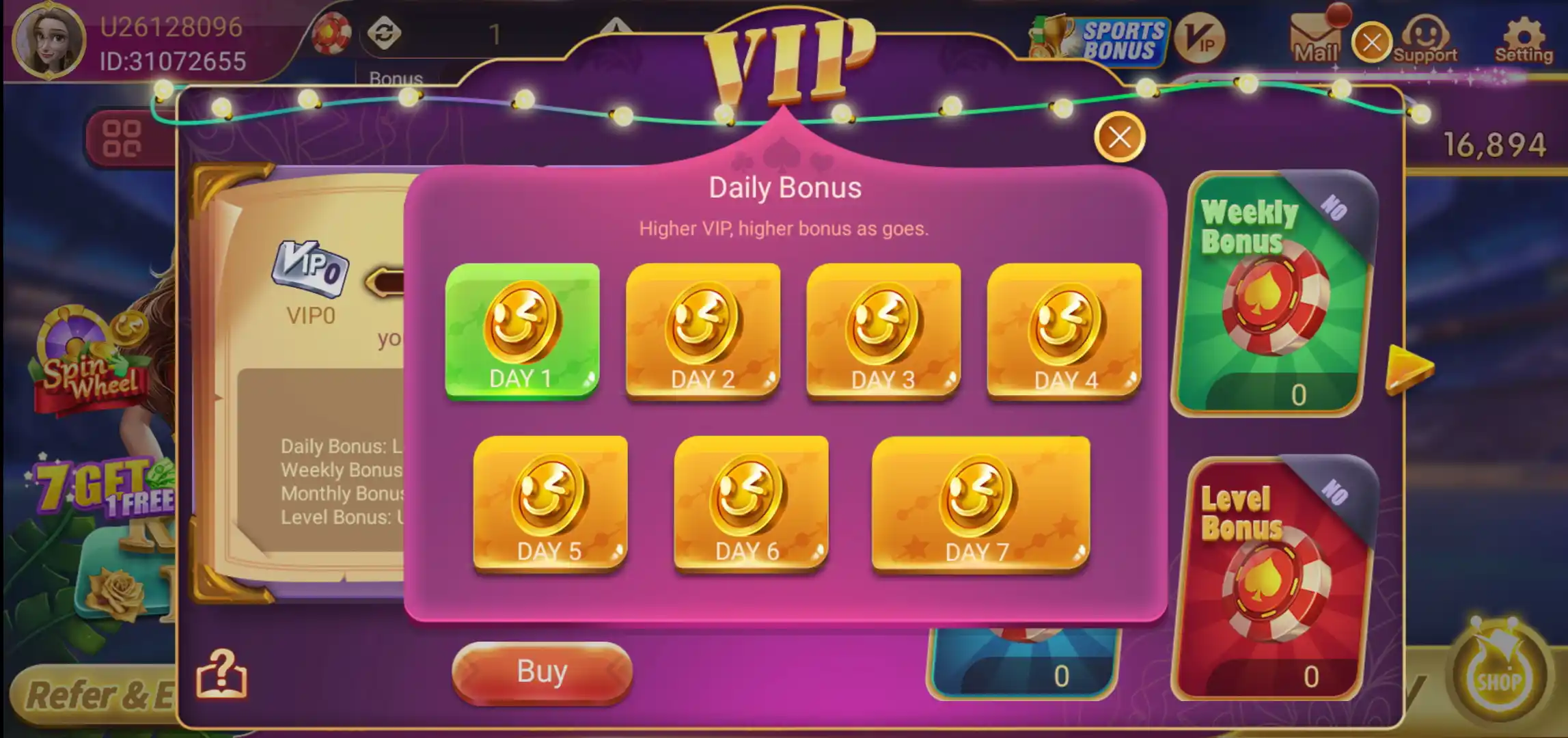 Rummy Glee Daily Bonus panel with reward tiles for Day 1 through Day 7