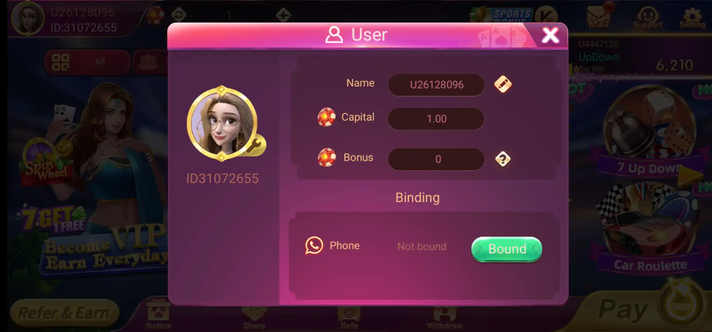 Rummy Glee profile screen with account name, capital and bonus balances, and phone binding option