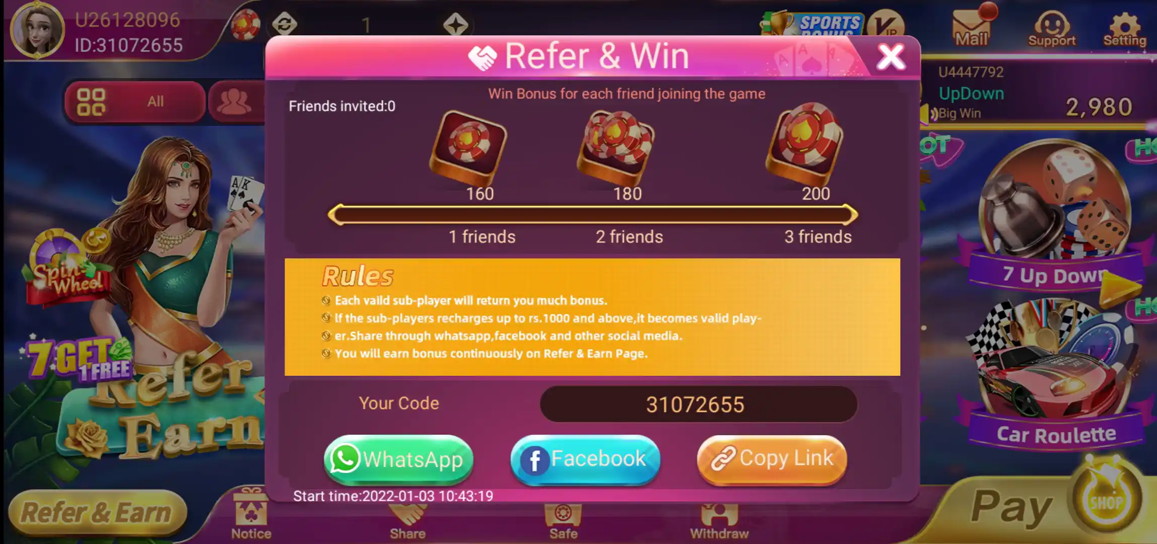 Rummy Glee Refer and Win screen showing friend-based rewards, referral code and share buttons