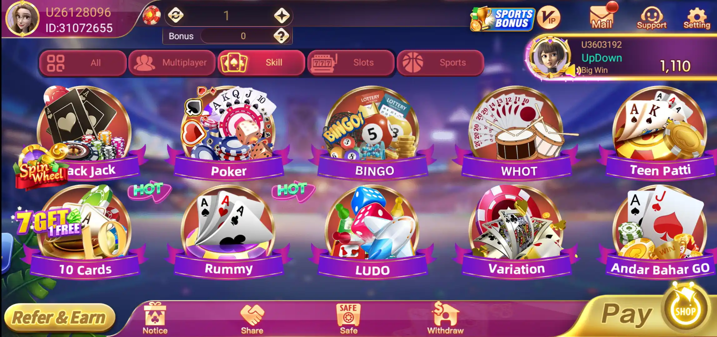 Rummy Glee Skill section showing Rummy, Poker, Teen Patti, Ludo, Bingo and other game tiles