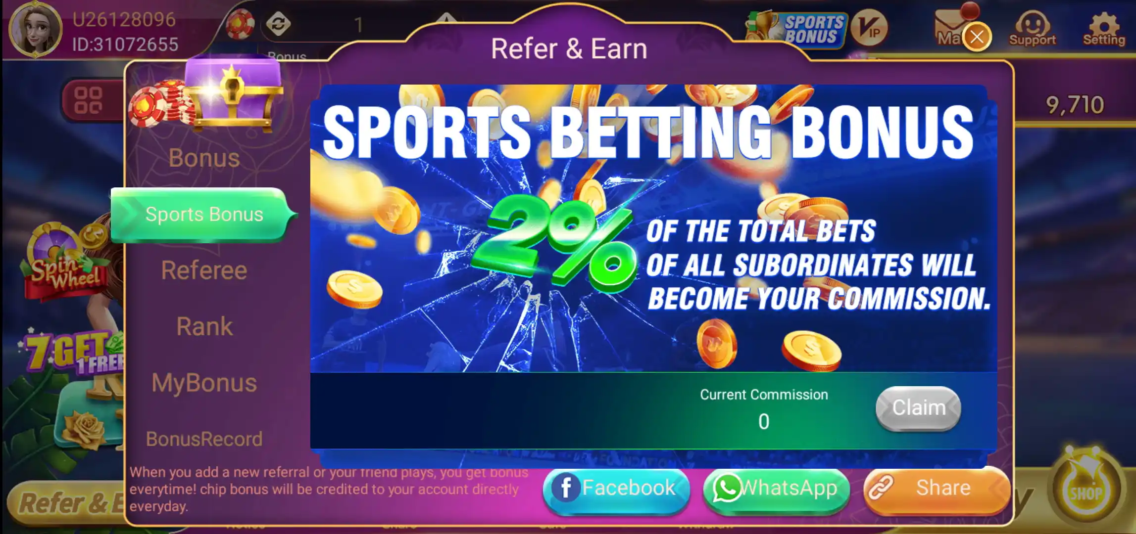 Rummy Glee Sports Bonus banner claiming a 2 percent commission and showing a Claim button