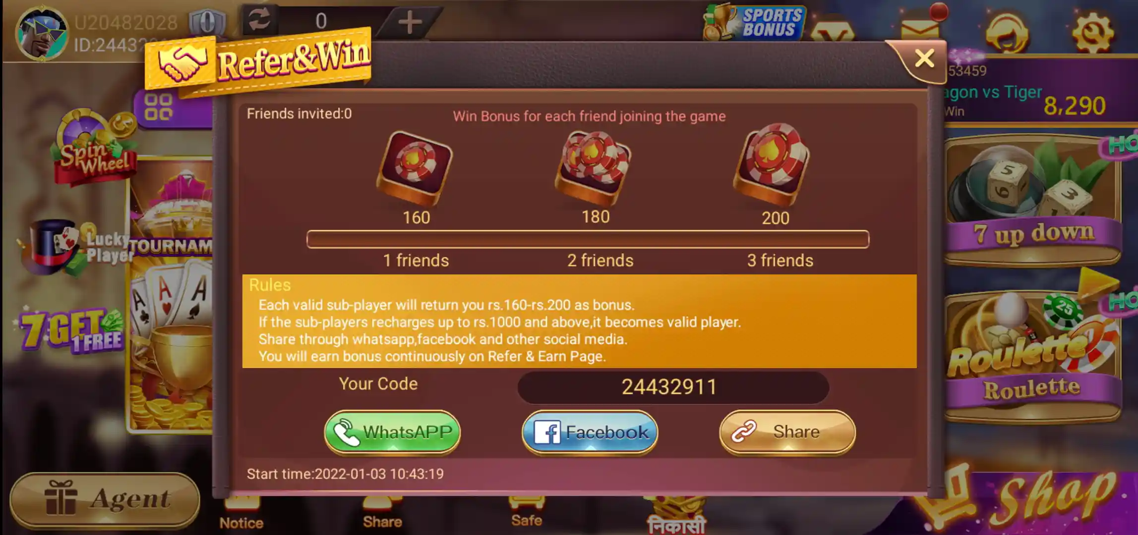 Rummy Leader Refer and Win page