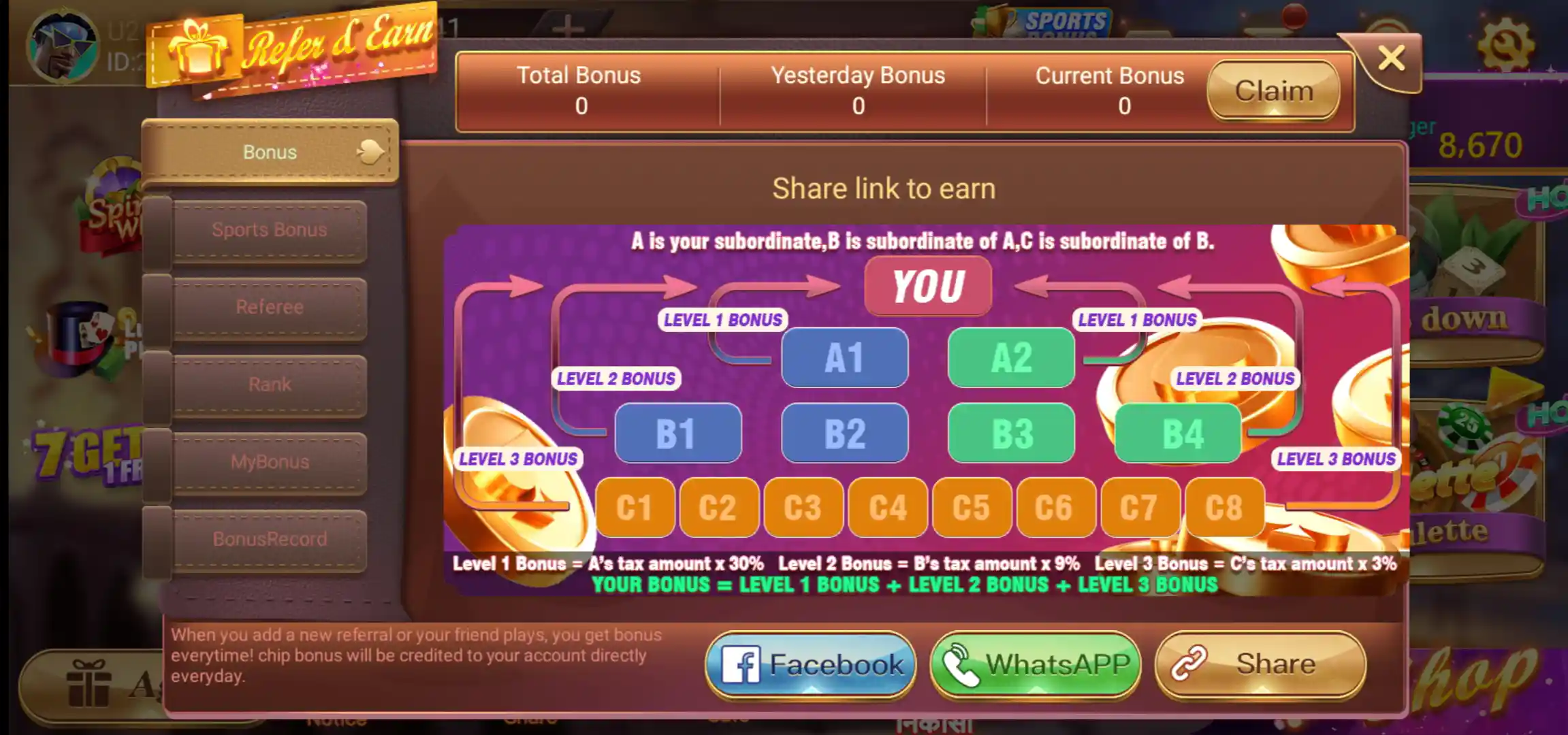 Rummy Leader referral bonus structure