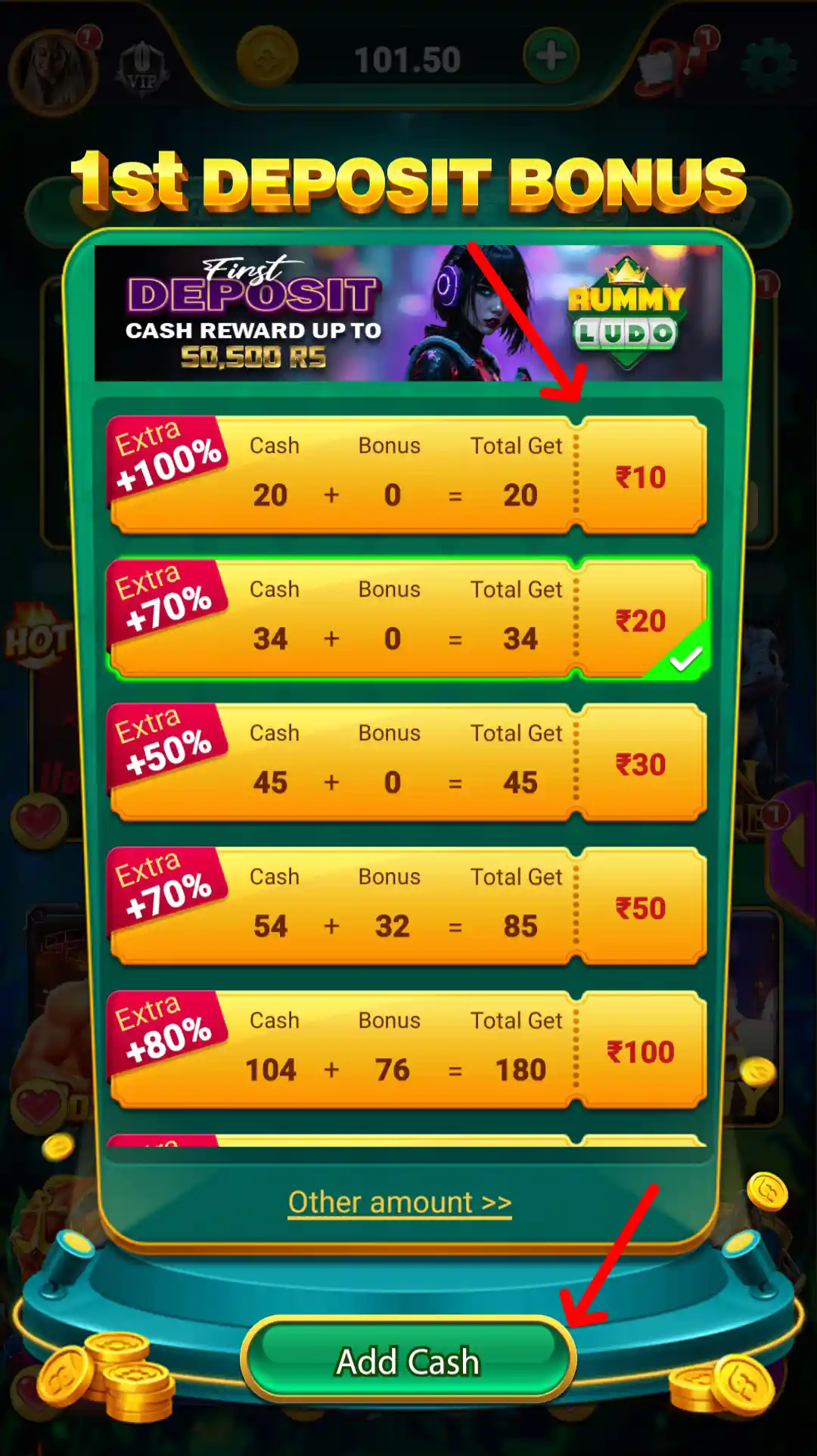 Rummy Ludo first deposit bonus