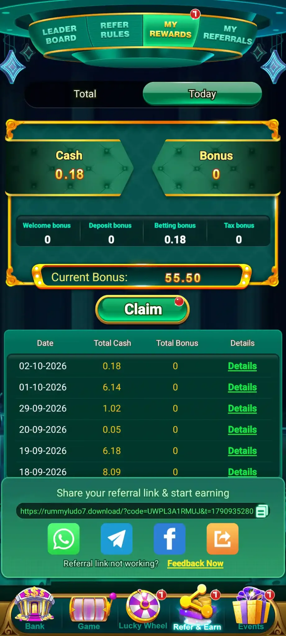 Rummy Ludo referral rewards