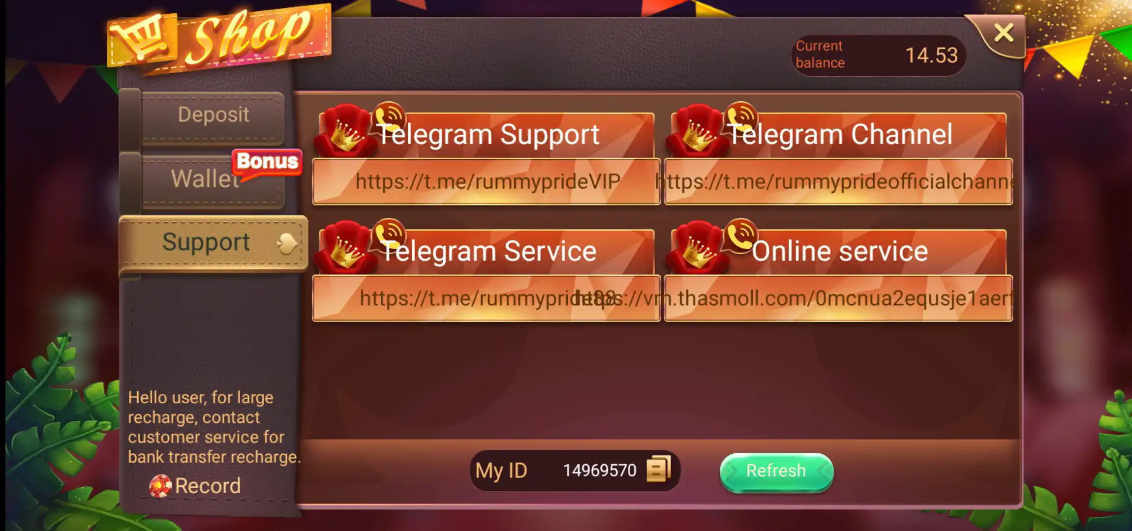 Rummy Pride customer support screen