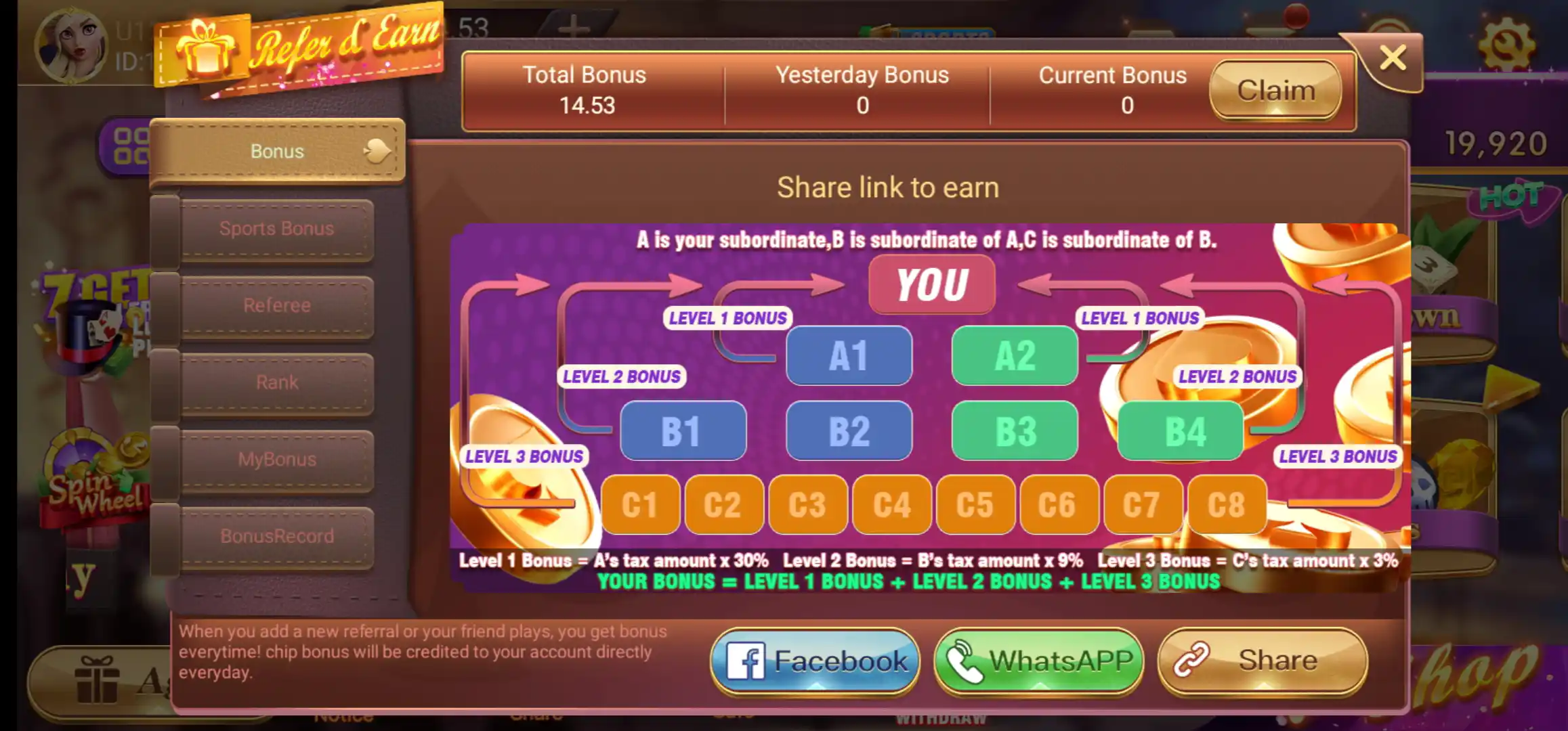 Rummy Pride Refer and Earn Bonus screen